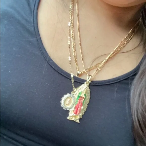 Our Lady Of Guadalupe 3D Enamel Pendant Curb Diamond Cut Design Necklace Gold - Picture 8 of 10